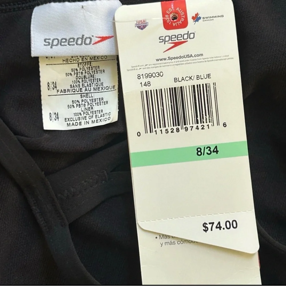 Speedo‎ GIRLS 8/34 Swimsuit RACING Youth Black Blue Endurance Retail $74 NWT